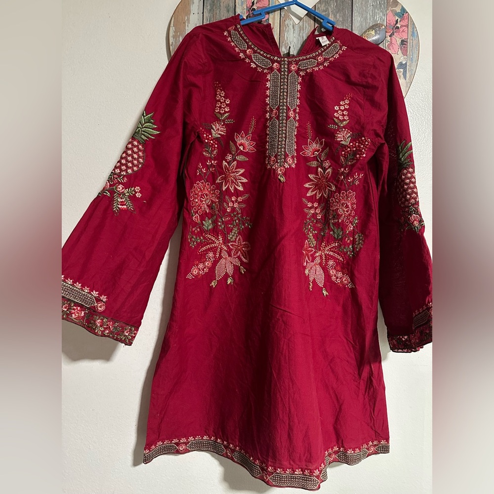 Embroidered Red kurta with wide leg trousers. 100% cotton